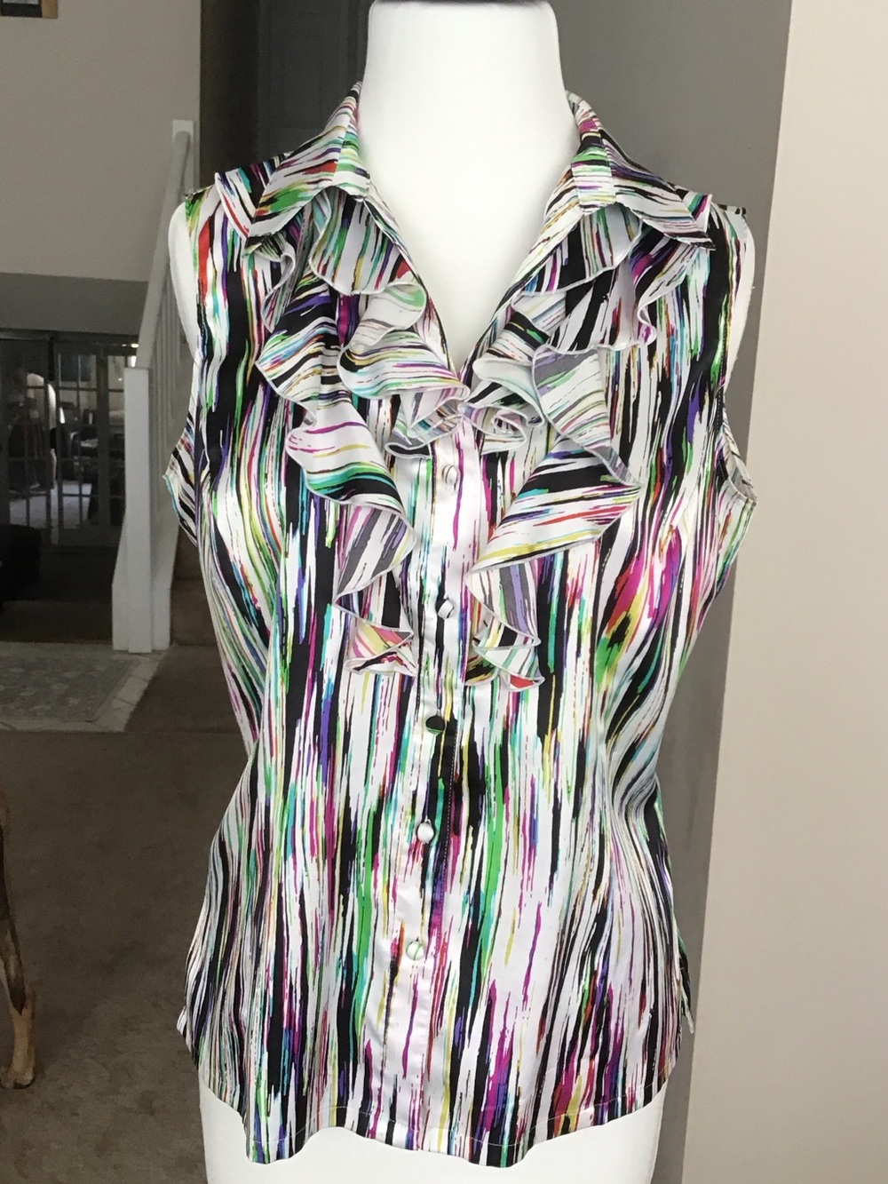 Ruffle Front Sleeveless Blouse in Multi-Stripe